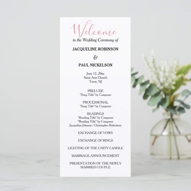 Pink White Black Wedding Program Programme (Standing Front)
