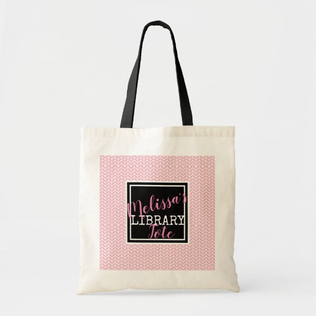 Pink White Black. Your Name Monogram Library Tote Bag (Front)