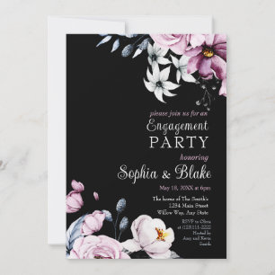 Pink, White & Blue Floral   Black Engagement Party Invitation