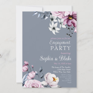 Pink, White & Blue Floral Grey Engagement Party Invitation