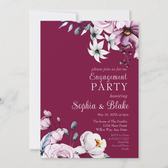 Pink, White & Blue Floral | Pink Engagement Party  Invitation (Front)