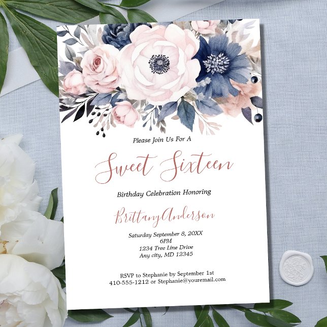Pink White Blue Floral Sweet Sixteen 16 Birthday Invitation (Pink White Navy blue Floral Sweet Sixteen Birthday Invitation.)