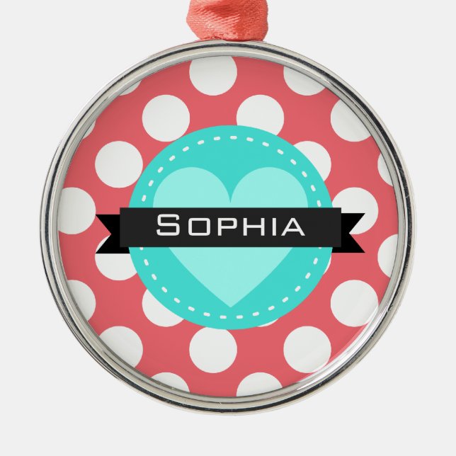 Pink White Blue Polka Dot Pattern Metal Tree Decoration (Front)