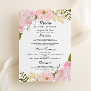 Pink White Blush Botanical Wedding Dinner Menu