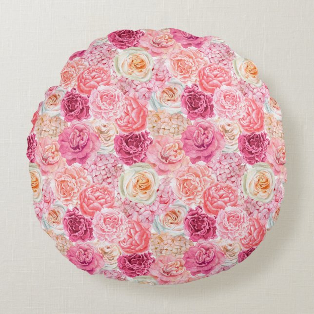 Pink White Blush Pink Magenta Floral Flowers  Round Cushion (Front)