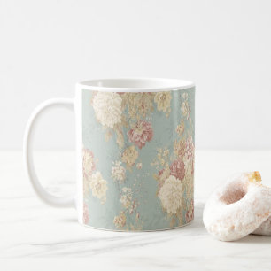 Pink White Blush Roses on Blue Background  Coffee Mug