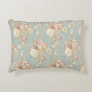 Pink White Blush Roses on Blue Background   Decorative Cushion