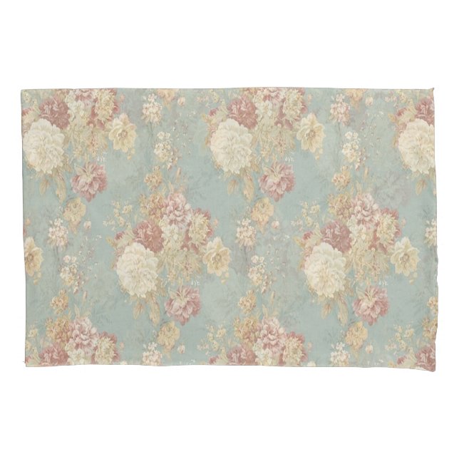 Pink White Blush Roses on Blue Background  Pillowcase (Front)