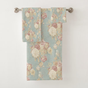 Pink White Blush Roses on Blue Elegant Bath Towel Set