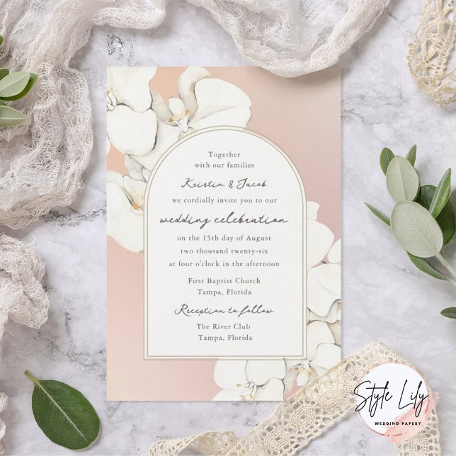 Pink White Botanical Orchid Floral Wedding Invitation (Creator Uploaded)