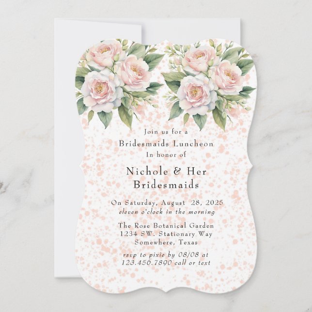 Pink White Botanical Roses Bridesmaids Luncheon Invitation (Front)
