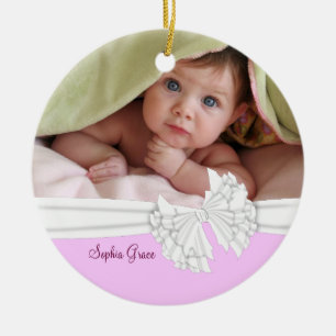 Pink & White Bow Baby Girl Photo Ornament
