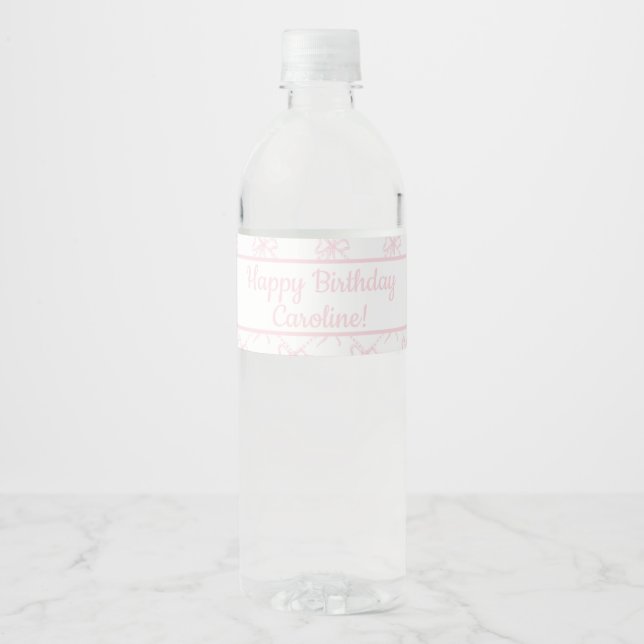 Pink & White Bow, Custom Pink Ribbon Birthday Water Bottle Label (Front)