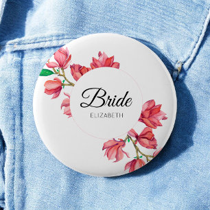 Pink White Bride Floral Magnolia Wedding 6 Cm Round Badge