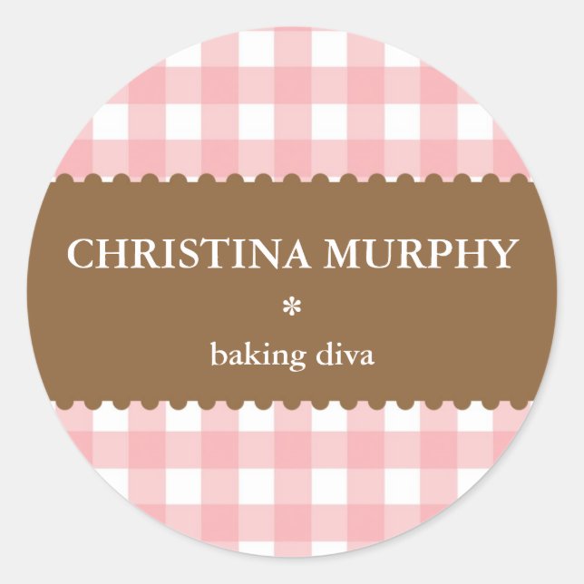 Pink white brown gingham homemade food label seal (Front)