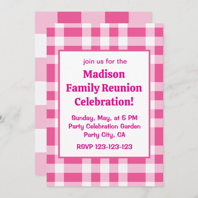 Pink White Buffalo Check Family Reunion Invitation (Front/Back)
