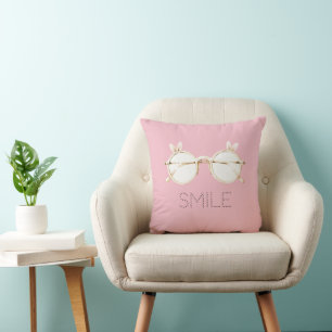 Pink White Bunny Ears Glasses Smile Cushion