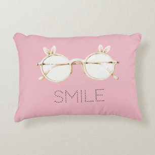 Pink White Bunny Ears Glasses Smile Decorative Cushion