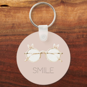 Pink White Bunny Ears Glasses Smile Key Ring