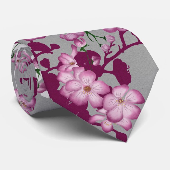 Pink White Burgundy Cherry Blossoms Tie (Rolled)