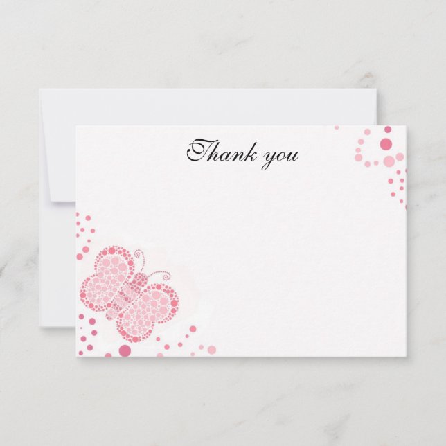 Pink & White Butterfly Flat Thank You Note Invitation (Front)