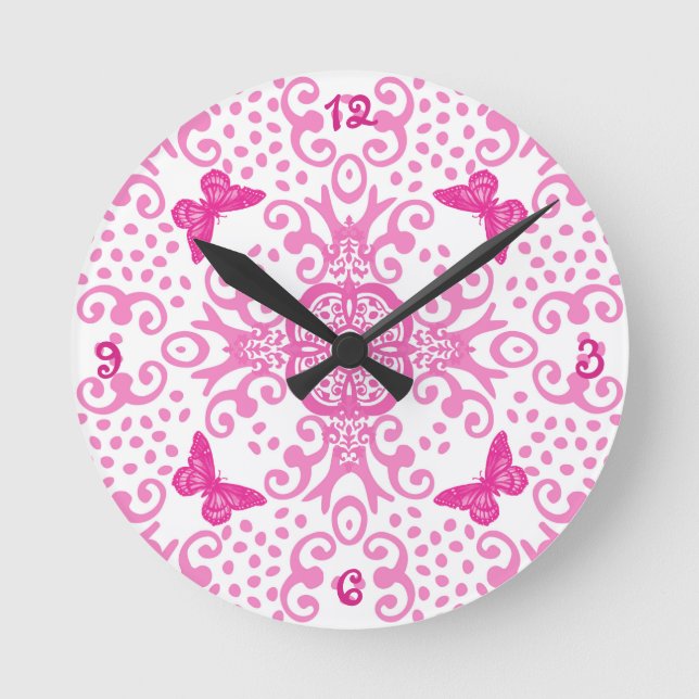 Pink/White Butterfly Medallion Numbered Round Clock (Front)