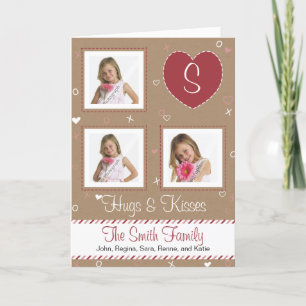 Pink White Candy Stripe, Brown Paper & Stitching Holiday Card