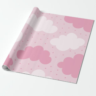 Pink & White Cartoon Dreamy Clouds Pattern Dotted Wrapping Paper