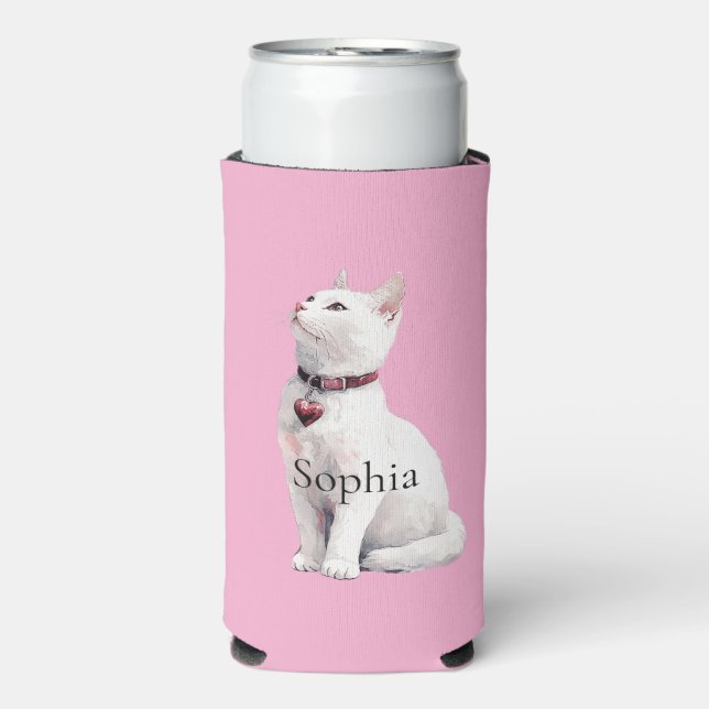 Pink White Cat Heart Necklace Seltzer Can Cooler (Seltzer Front)