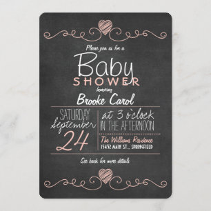 Pink & White Chalk Hearts; Chalkboard Baby Shower Invitation