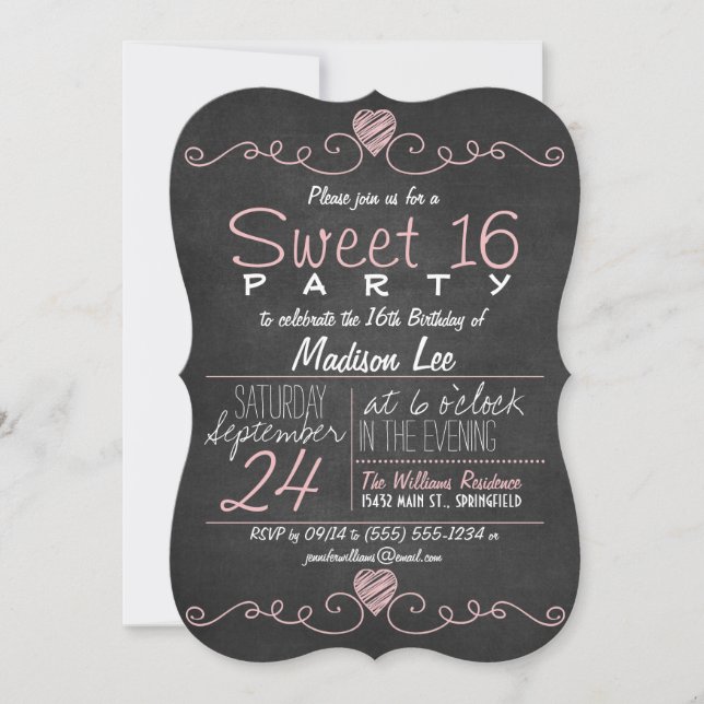 Pink & White Chalkboard Rustic Sweet 16 Party Invitation (Front)