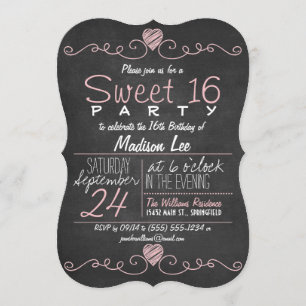 Pink & White Chalkboard Rustic Sweet 16 Party Invitation
