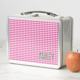 Pink White check Green custom name school  Metal Lunch Box