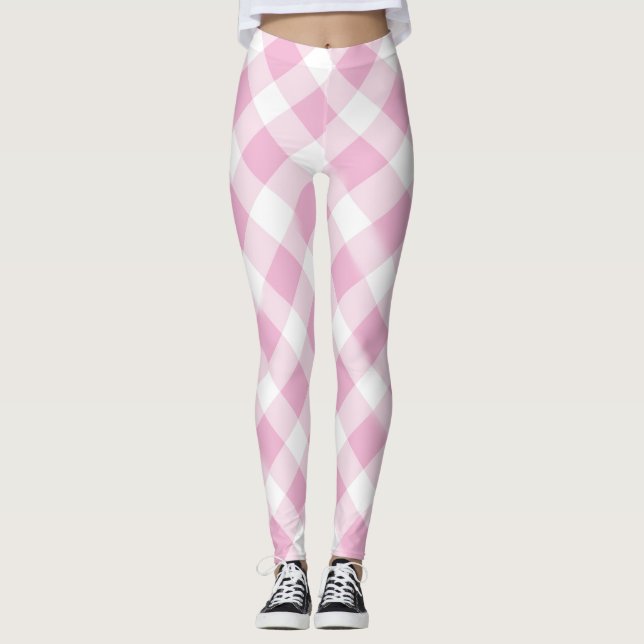 Pink White Check Pattern Girly Teen  Leggings (Front)