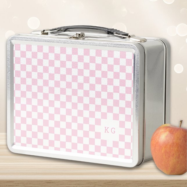 Pink & White Check Pattern Monogram Initials Metal Lunch Box (Creator Uploaded)