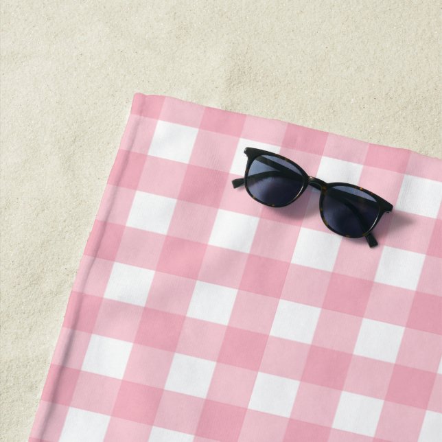 Pink & White Chequerboard Pattern Beach Towel (In Situ)