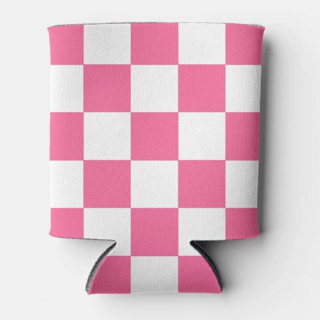 Pink White Chequered Check Pattern Can Cooler (Front)