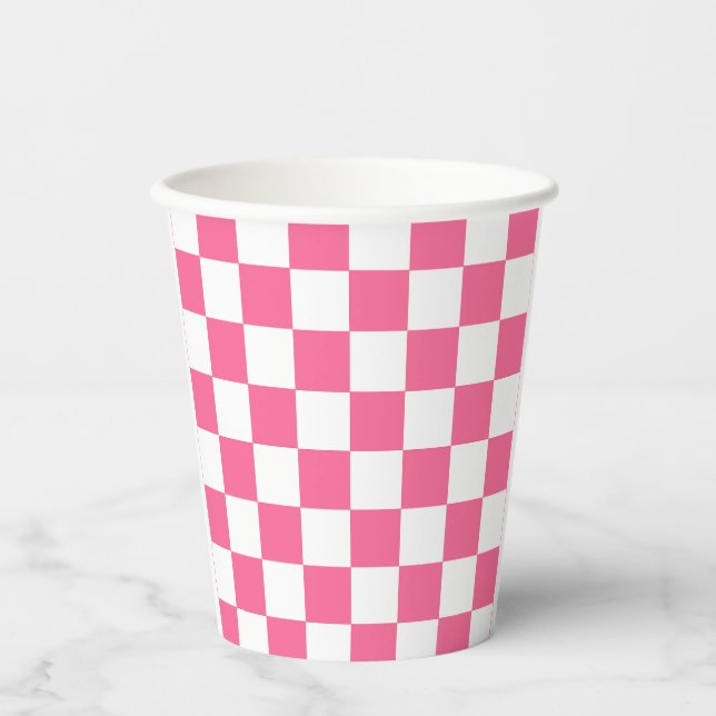 Pink White Chequered Check Pattern Paper Cups (Front)
