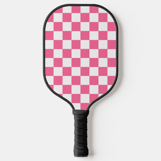 Pink White Chequered Check Pattern Pickleball Paddle (Front)