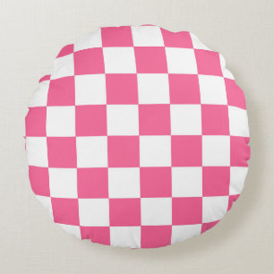 Pink White Chequered Check Pattern Round Cushion
