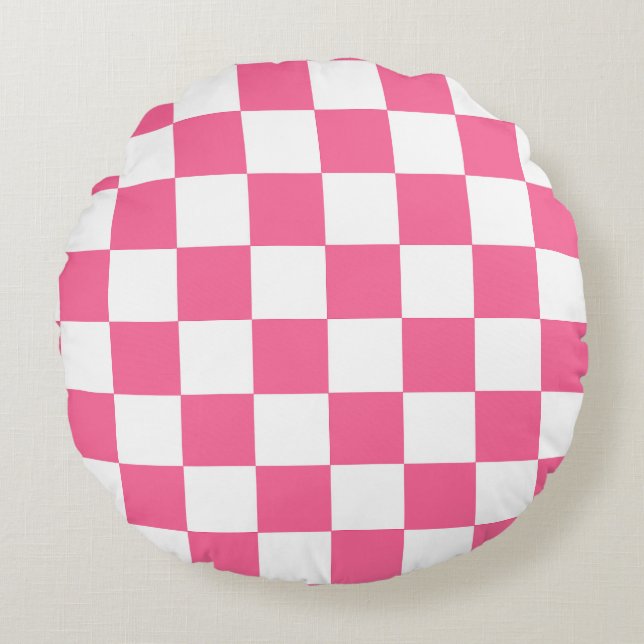 Pink White Chequered Check Pattern Round Cushion (Front)