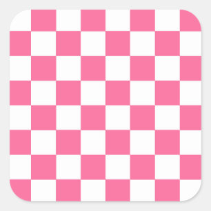 Pink White Chequered Check Pattern Square Sticker