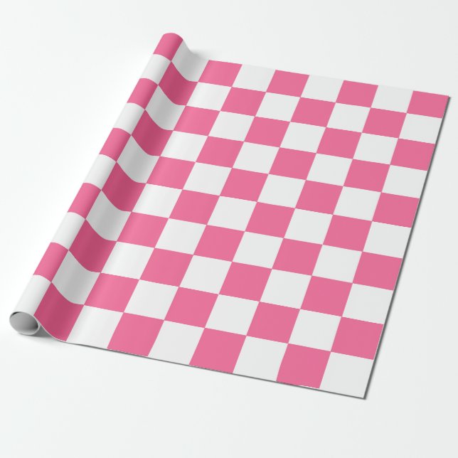 Pink White Chequered Check Pattern Wrapping Paper (Unrolled)