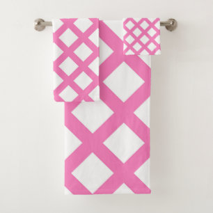 Pink White Chequered Diamond Pattern Bath Towel Set