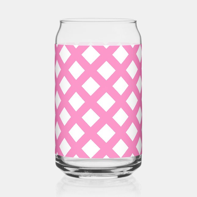 Pink White Chequered Diamond Pattern Can Glass (Front)
