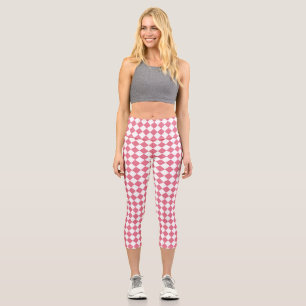 Pink White Chequered Diamond Pattern Capri Leggings