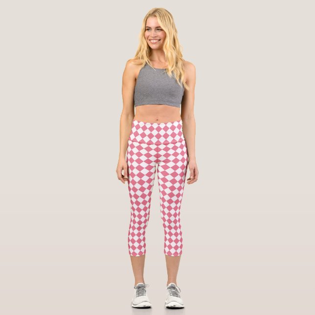 Pink White Chequered Diamond Pattern Capri Leggings (Front)