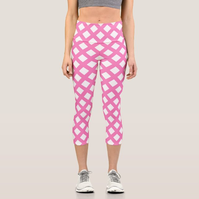 Pink White Chequered Diamond Pattern Capri Leggings (Front)