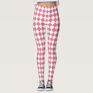 Pink White Chequered Diamond Pattern Leggings