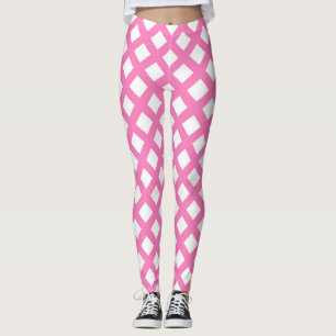 Pink White Chequered Diamond Pattern Leggings